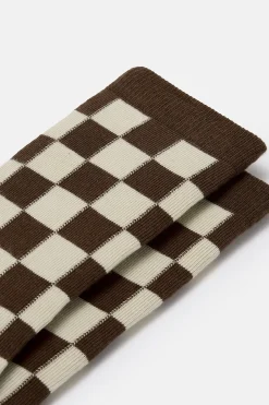 Lucy & Yak JoJo - Cotton Socks in Brown & Ecru Checkerboard Print Fashion