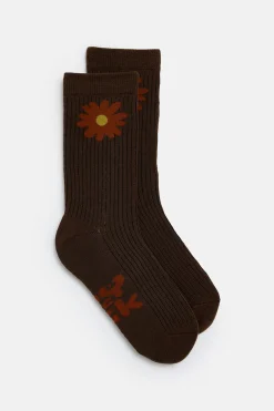 Lucy & Yak JoJo - Cotton Socks in Brown with Orange Flower Print Clearance