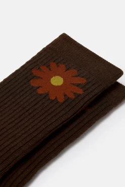 Lucy & Yak JoJo - Cotton Socks in Brown with Orange Flower Print Clearance