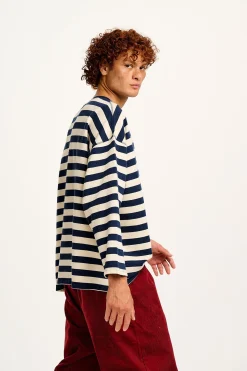 Lucy & Yak Kai - Midweight Cosy Loop Back Cotton Sweatshirt in Navy & Ecru Discount