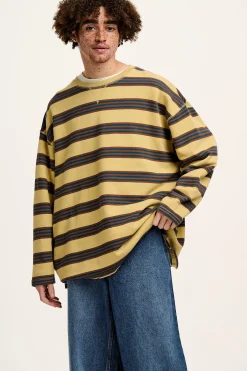 Lucy & Yak Kai - Midweight Cosy Loop Back Cotton Sweatshirt in Brown & Blue Skater Stripe Discount