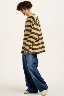 Lucy & Yak Kai - Midweight Cosy Loop Back Cotton Sweatshirt in Brown & Blue Skater Stripe Discount