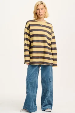 Lucy & Yak Kai - Midweight Cosy Loop Back Cotton Sweatshirt in Brown & Blue Skater Stripe Discount
