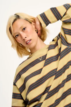 Lucy & Yak Kai - Midweight Cosy Loop Back Cotton Sweatshirt in Brown & Blue Skater Stripe Discount
