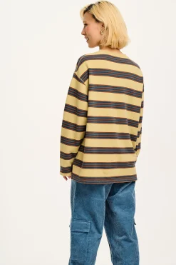 Lucy & Yak Kai - Midweight Cosy Loop Back Cotton Sweatshirt in Brown & Blue Skater Stripe Discount