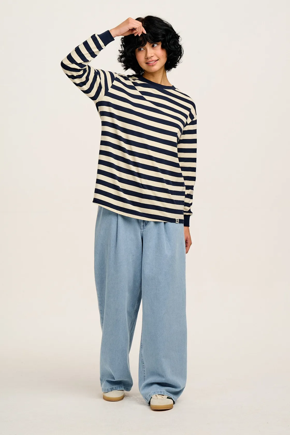 Lucy & Yak Kenny - Long Sleeve Skater Cotton Tee in Navy & Ecru Stripe Best
