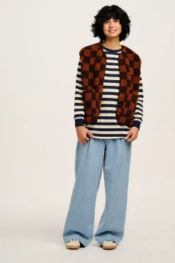 Lucy & Yak Kenny - Long Sleeve Skater Cotton Tee in Navy & Ecru Stripe Best