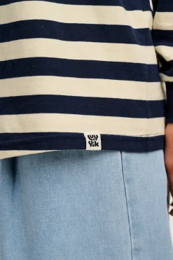 Lucy & Yak Kenny - Long Sleeve Skater Cotton Tee in Navy & Ecru Stripe Best