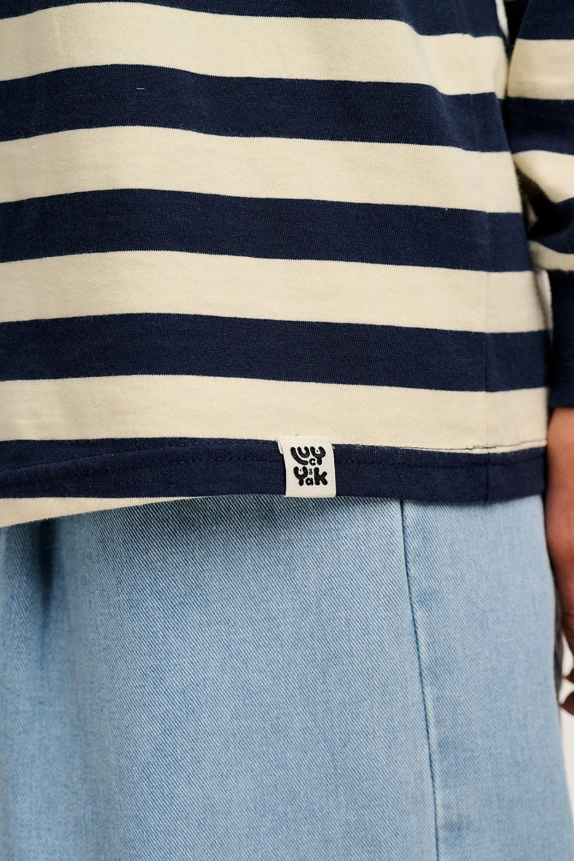 Lucy & Yak Kenny - Long Sleeve Skater Cotton Tee in Navy & Ecru Stripe Best