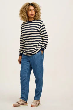 Lucy & Yak Kenny - Long Sleeve Skater Cotton Tee in Navy & Ecru Stripe Best