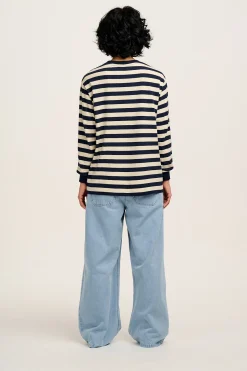 Lucy & Yak Kenny - Long Sleeve Skater Cotton Tee in Navy & Ecru Stripe Best