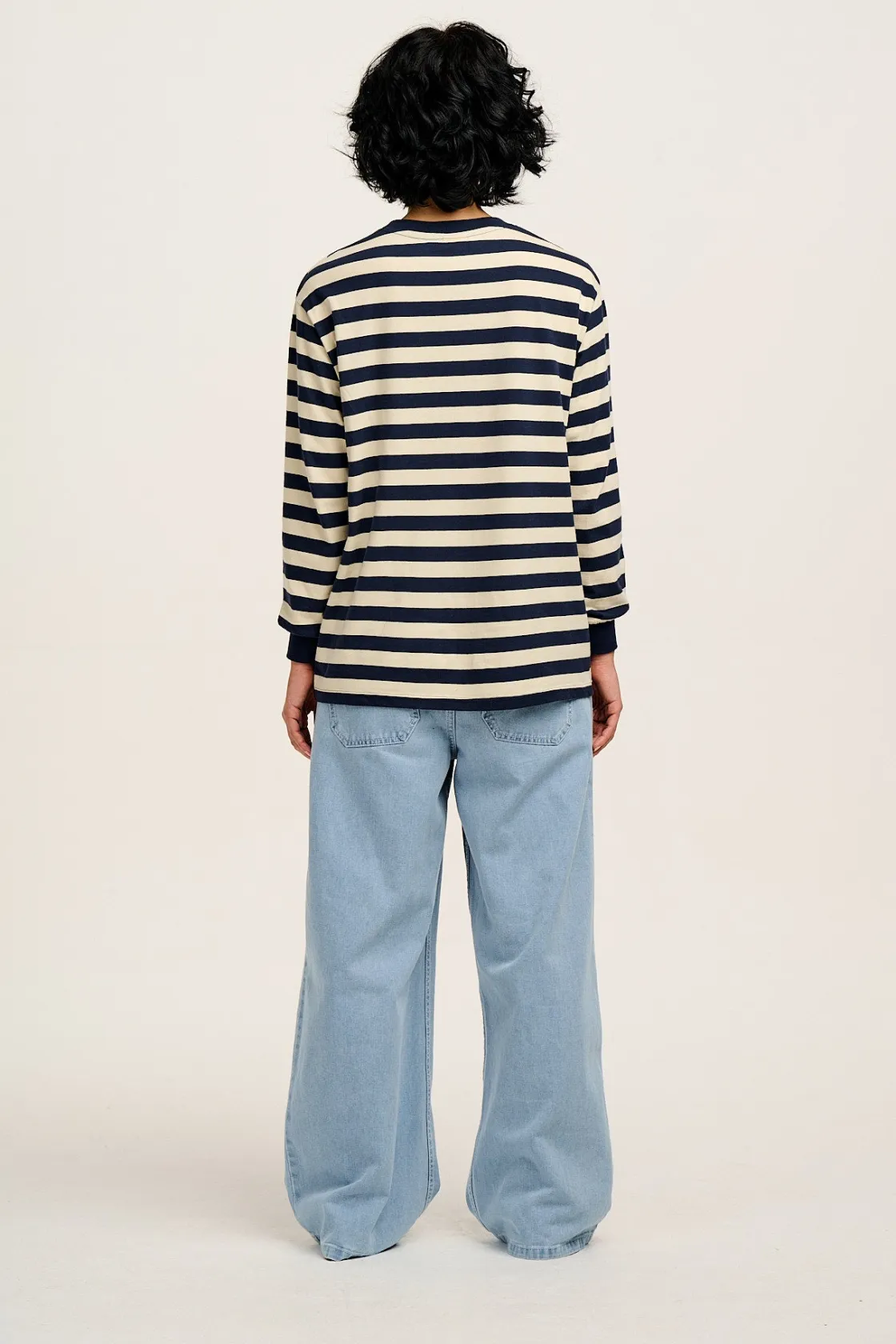 Lucy & Yak Kenny - Long Sleeve Skater Cotton Tee in Navy & Ecru Stripe Best