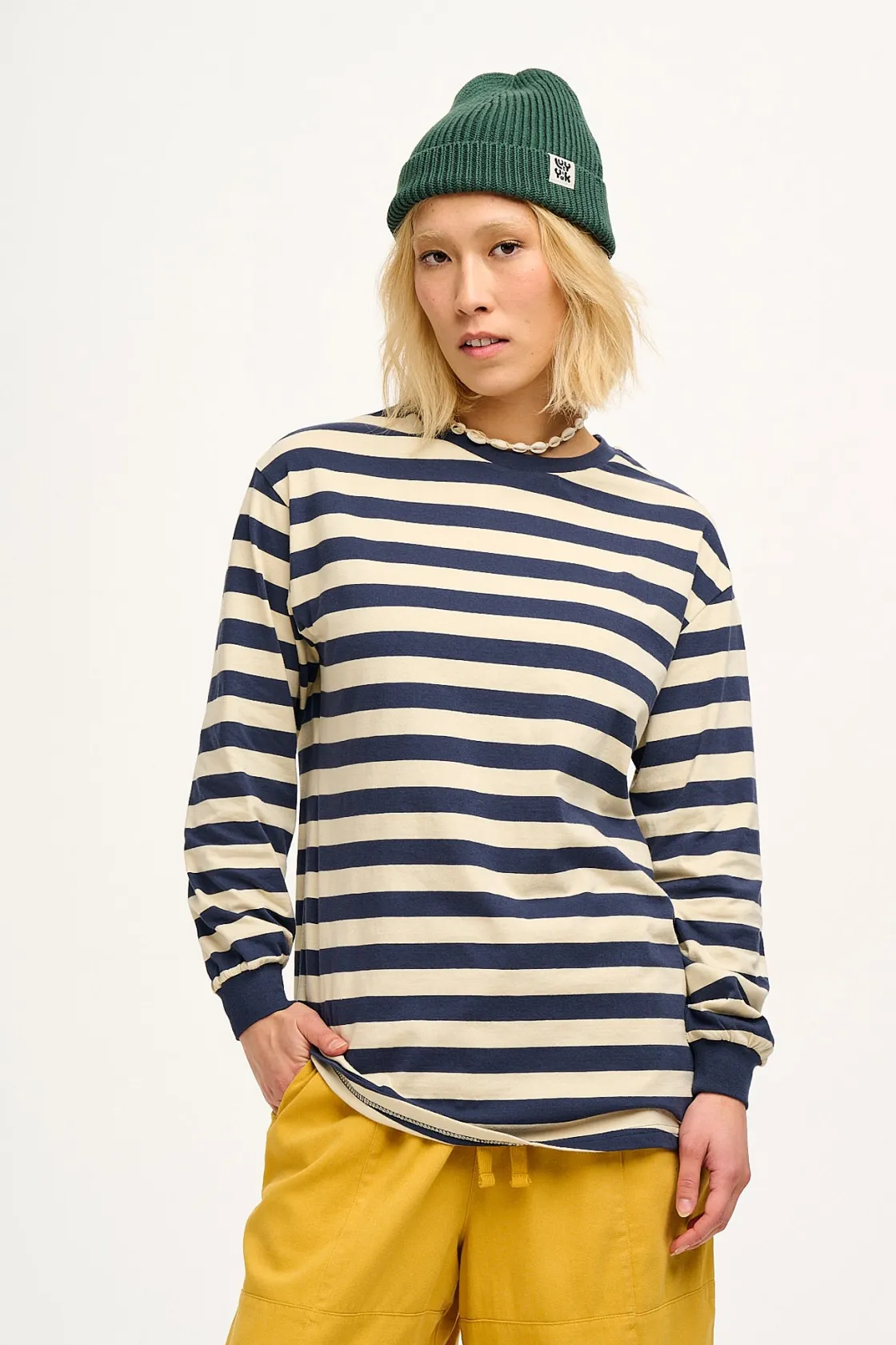 Lucy & Yak Kenny - Long Sleeve Skater Cotton Tee in Navy & Ecru Stripe Best
