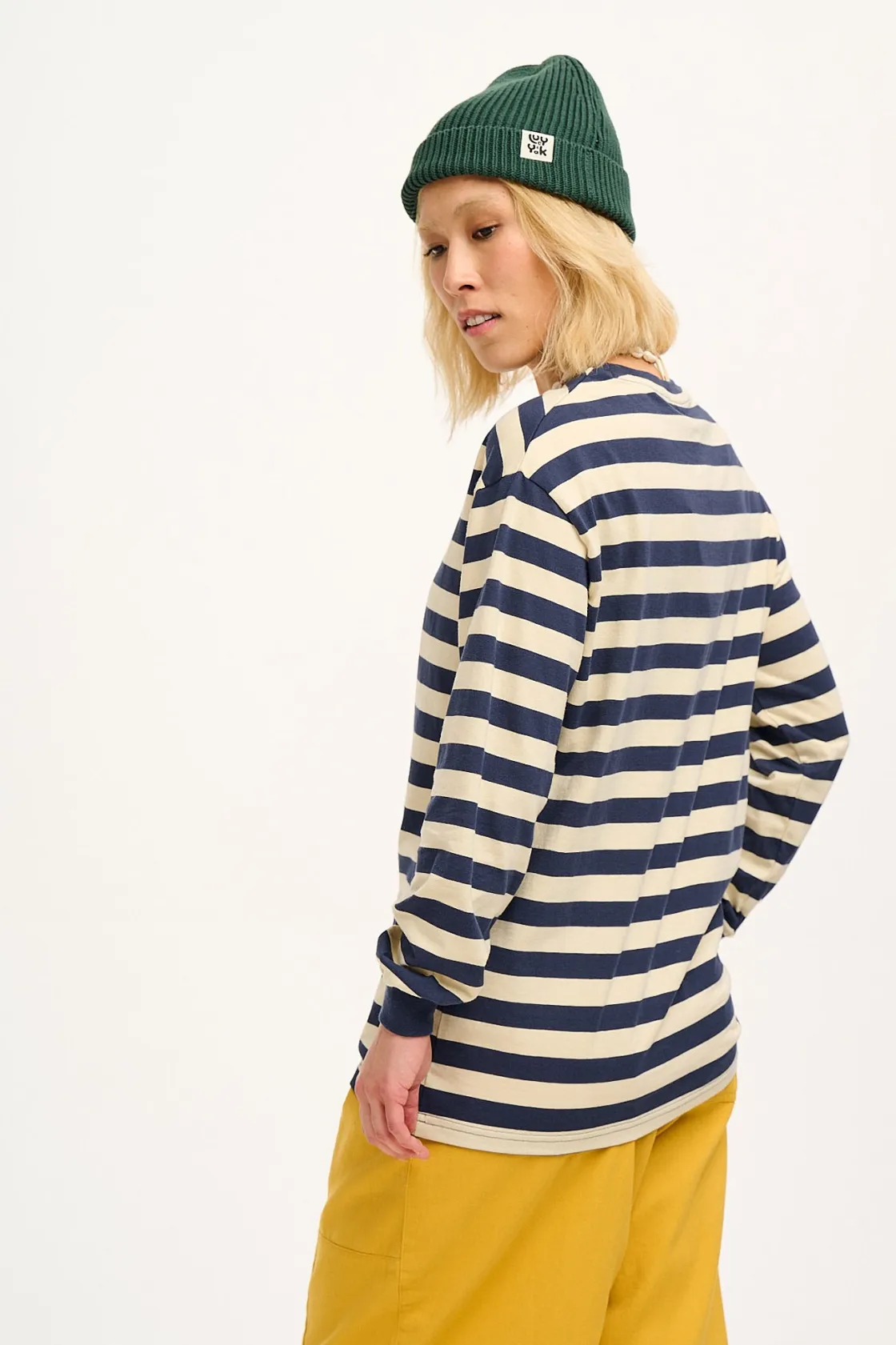 Lucy & Yak Kenny - Long Sleeve Skater Cotton Tee in Navy & Ecru Stripe Best