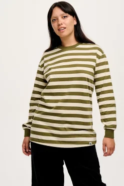 Lucy & Yak Kenny - Long Sleeve Skater Cotton Tee in Green & Ecru Stripe Fashion