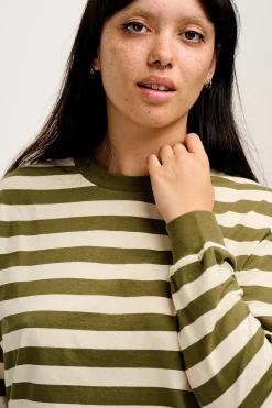 Lucy & Yak Kenny - Long Sleeve Skater Cotton Tee in Green & Ecru Stripe Fashion