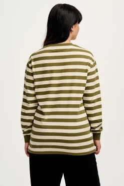 Lucy & Yak Kenny - Long Sleeve Skater Cotton Tee in Green & Ecru Stripe Fashion