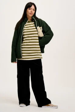 Lucy & Yak Kenny - Long Sleeve Skater Cotton Tee in Green & Ecru Stripe Fashion