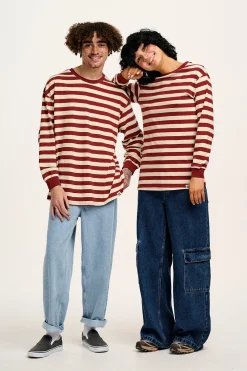 Lucy & Yak Kenny - Long Sleeve Skater Cotton Tee in Maroon & Ecru Stripe Fashion