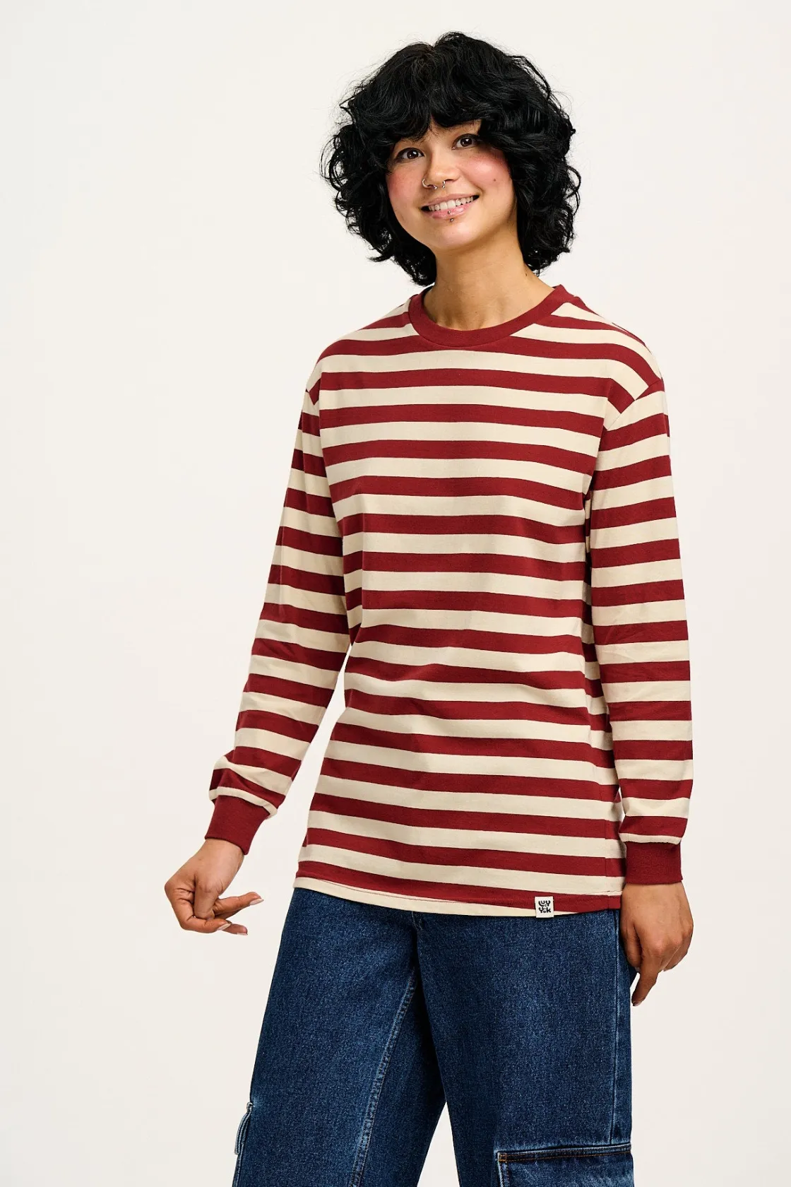 Lucy & Yak Kenny - Long Sleeve Skater Cotton Tee in Maroon & Ecru Stripe Fashion