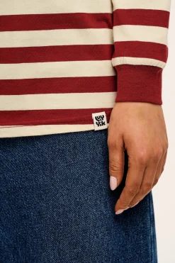Lucy & Yak Kenny - Long Sleeve Skater Cotton Tee in Maroon & Ecru Stripe Fashion