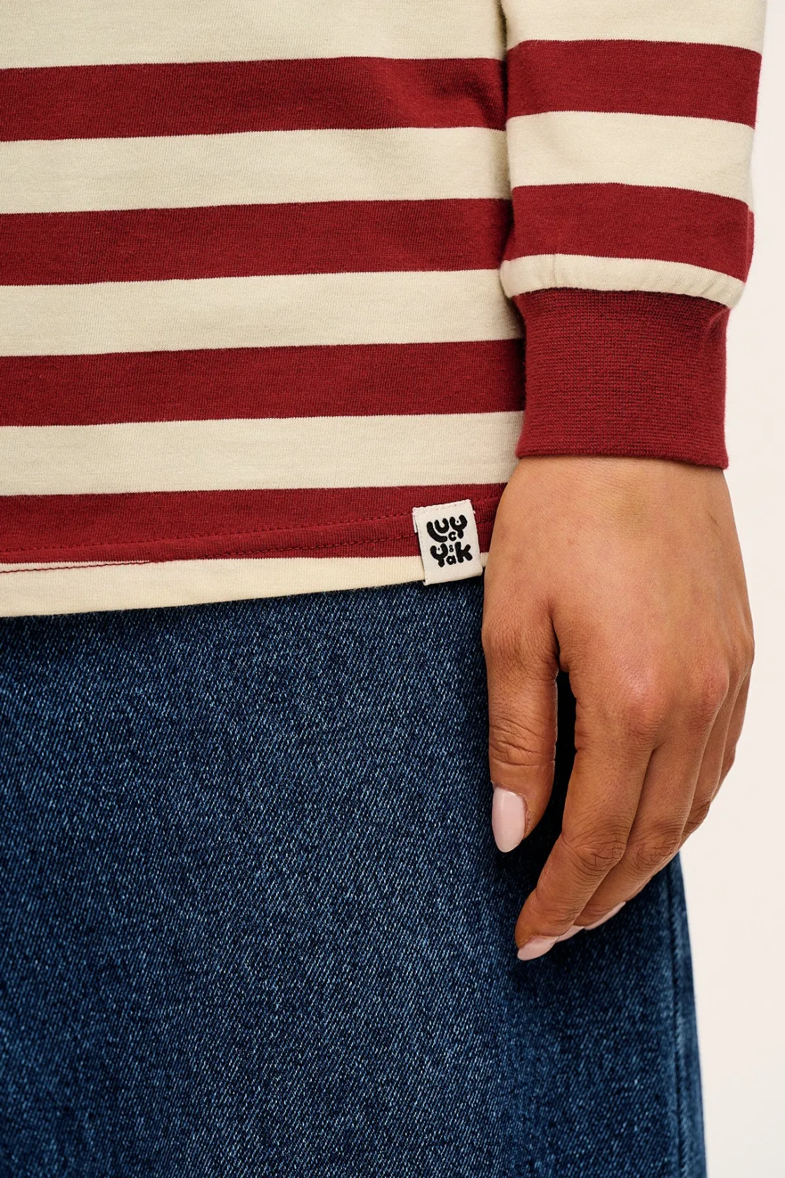 Lucy & Yak Kenny - Long Sleeve Skater Cotton Tee in Maroon & Ecru Stripe Fashion