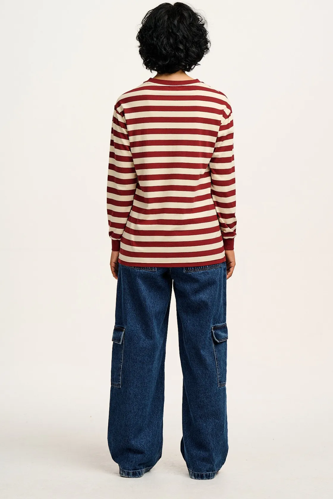 Lucy & Yak Kenny - Long Sleeve Skater Cotton Tee in Maroon & Ecru Stripe Fashion
