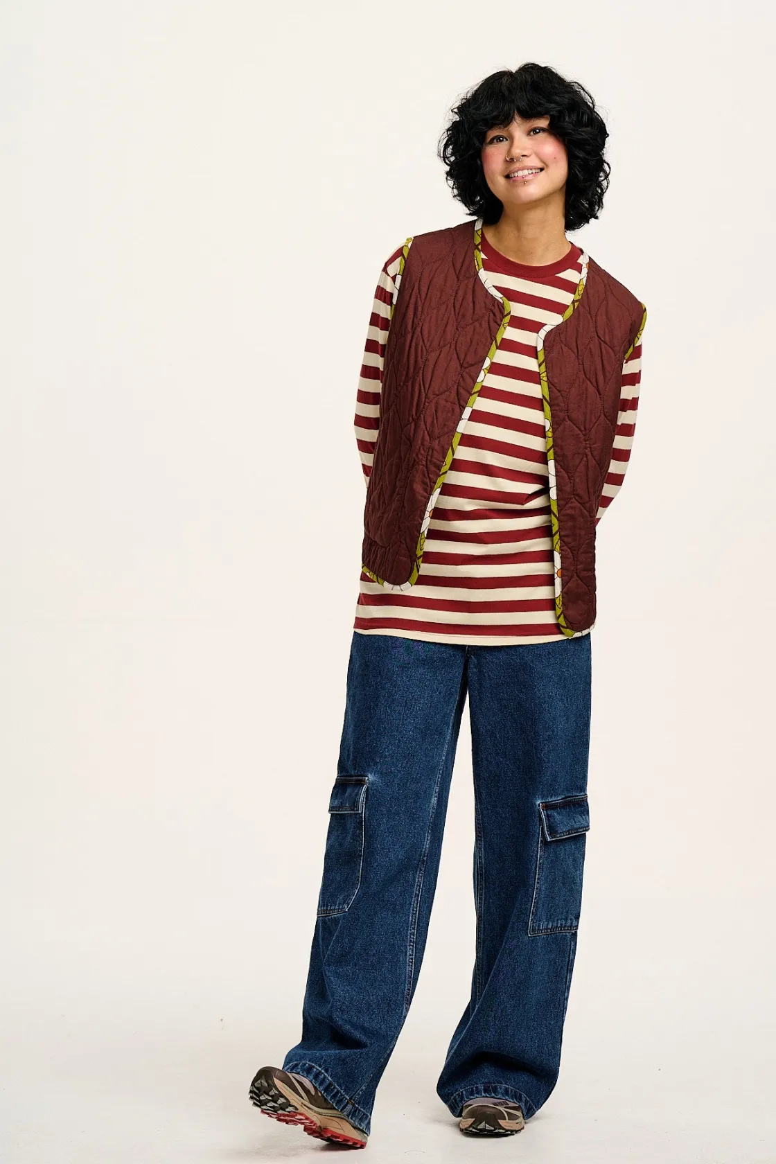 Lucy & Yak Kenny - Long Sleeve Skater Cotton Tee in Maroon & Ecru Stripe Fashion