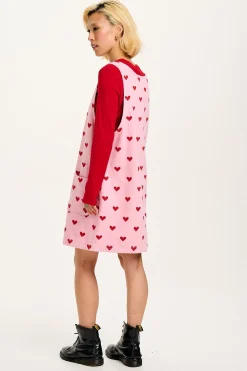 Lucy & Yak Layla - Mini Denim Dress in Pink Heart Juliet Print Clearance