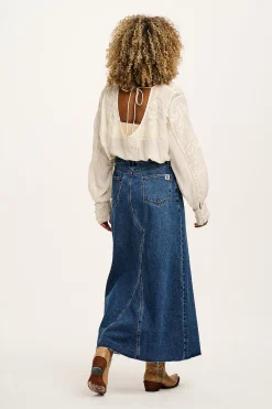 Lucy & Yak Liv - Maxi Denim Skirt in Mid Wash Blue Hot