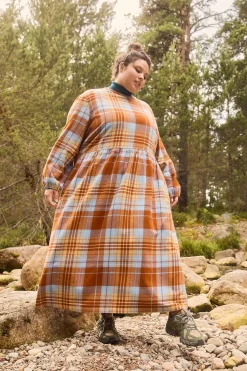 Lucy & Yak Maeve - Midi Dress in Brown & Blue Alastair Tartan Print Outlet
