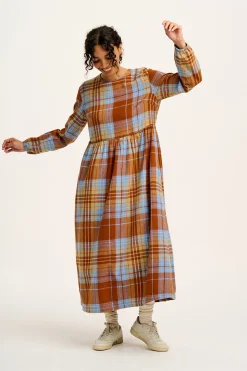 Lucy & Yak Maeve - Midi Dress in Brown & Blue Alastair Tartan Print Outlet