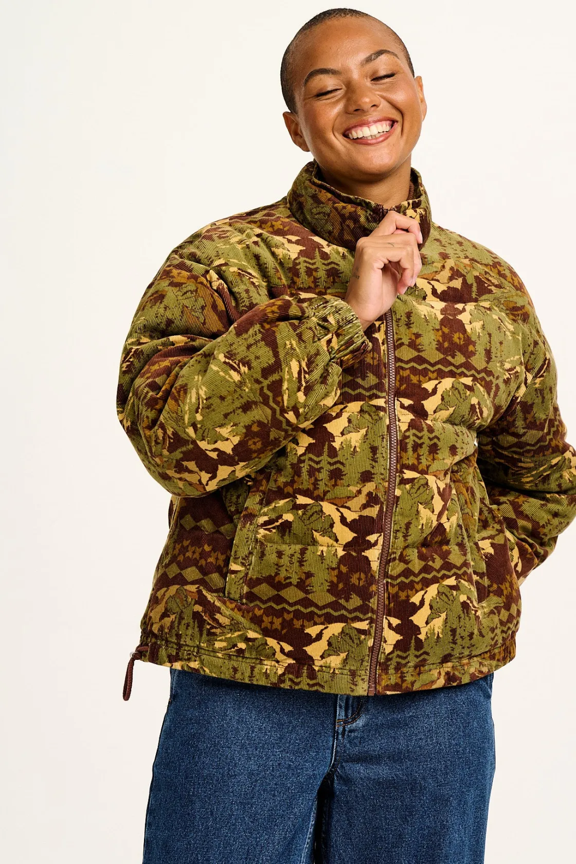 Lucy & Yak Paloma - Corduroy Puffer Jacket in Green & Brown Nevis Print Sale