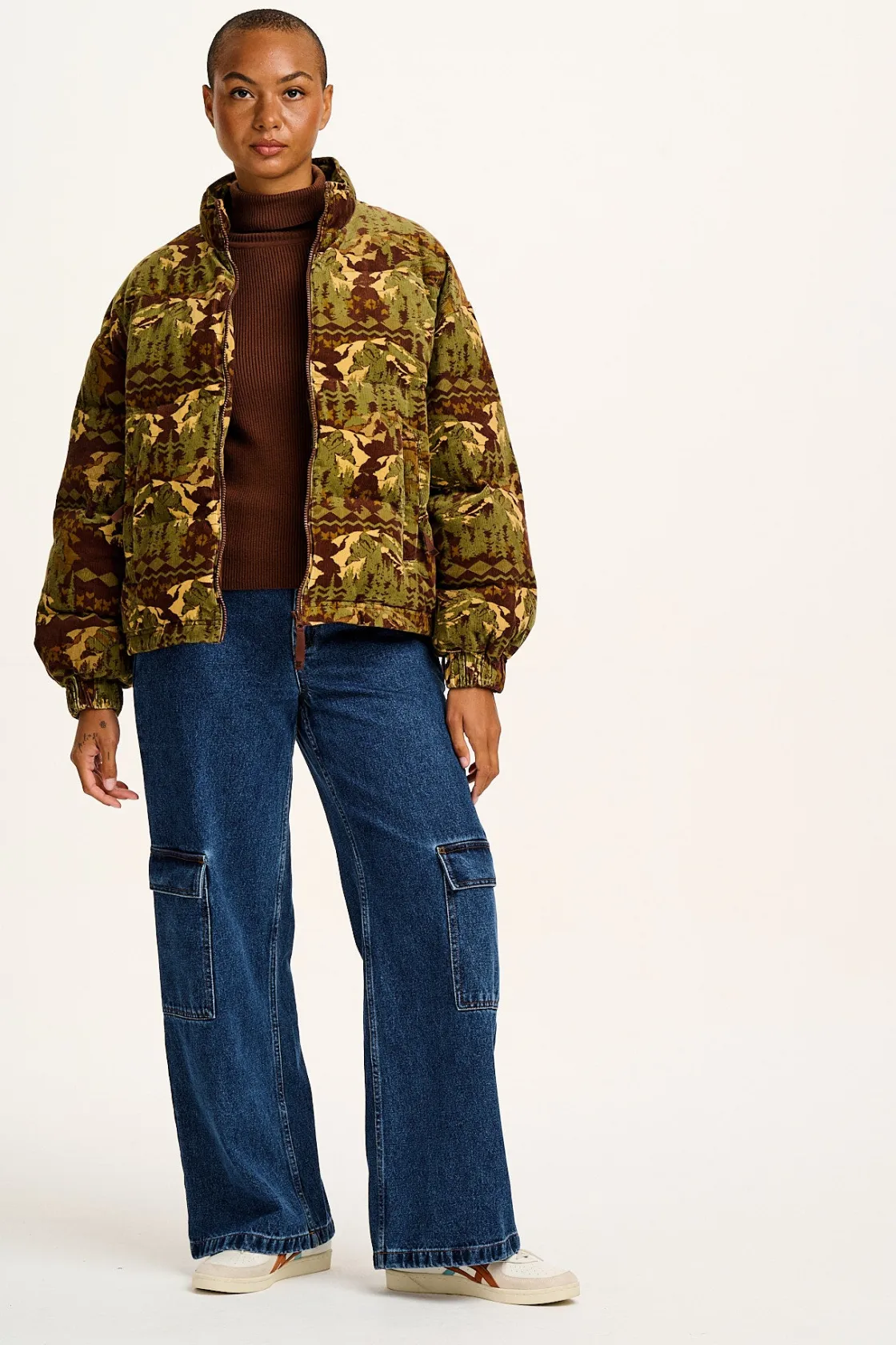 Lucy & Yak Paloma - Corduroy Puffer Jacket in Green & Brown Nevis Print Sale