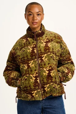 Lucy & Yak Paloma - Corduroy Puffer Jacket in Green & Brown Nevis Print Sale