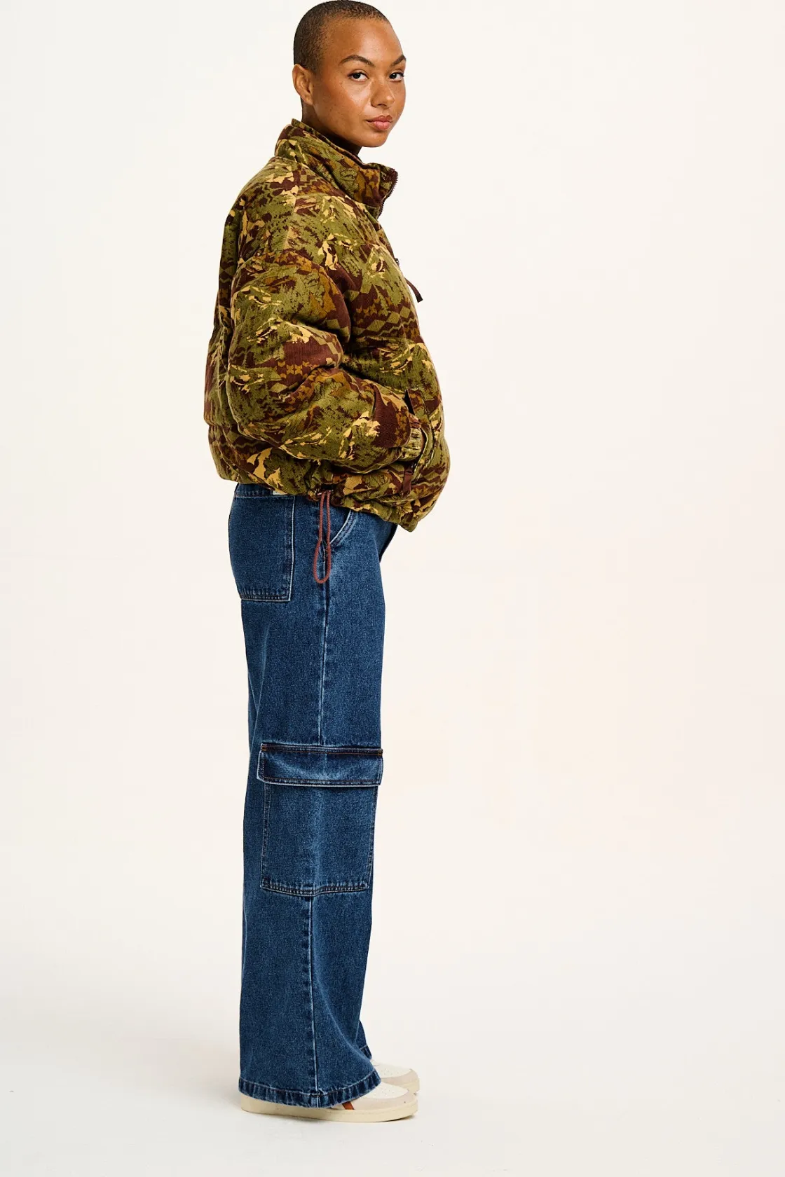 Lucy & Yak Paloma - Corduroy Puffer Jacket in Green & Brown Nevis Print Sale