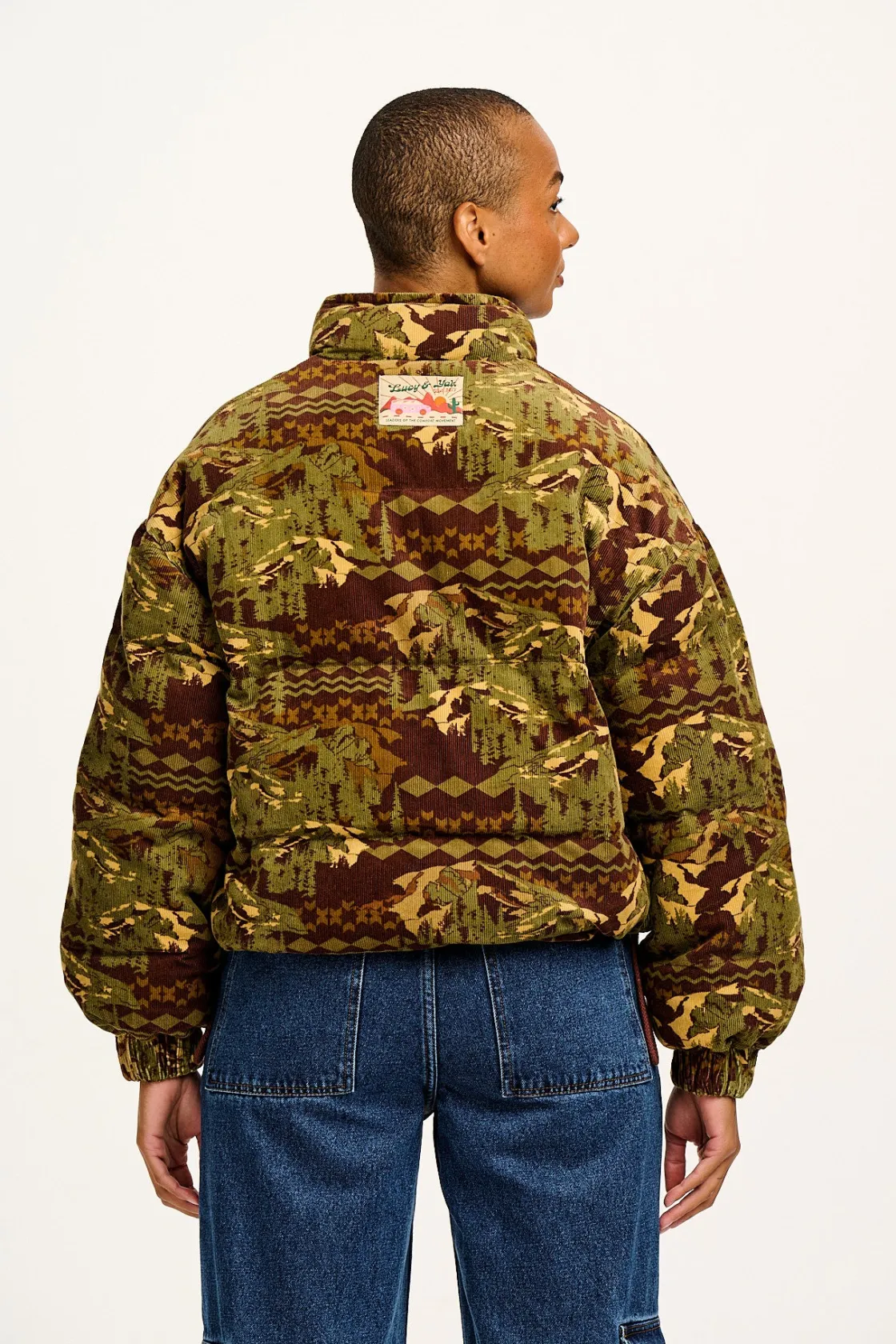 Lucy & Yak Paloma - Corduroy Puffer Jacket in Green & Brown Nevis Print Sale