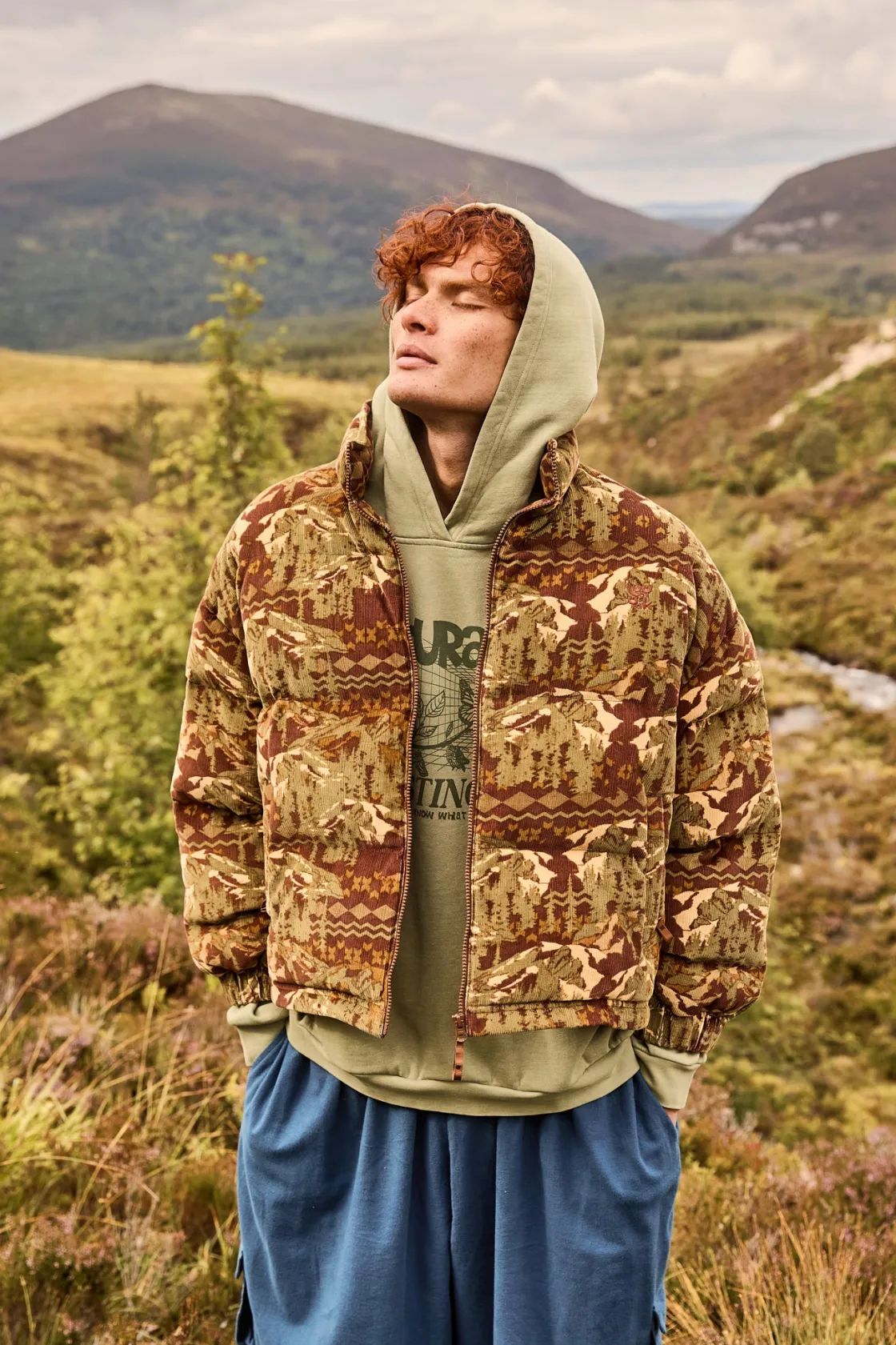 Lucy & Yak Paloma - Corduroy Puffer Jacket in Green & Brown Nevis Print Sale
