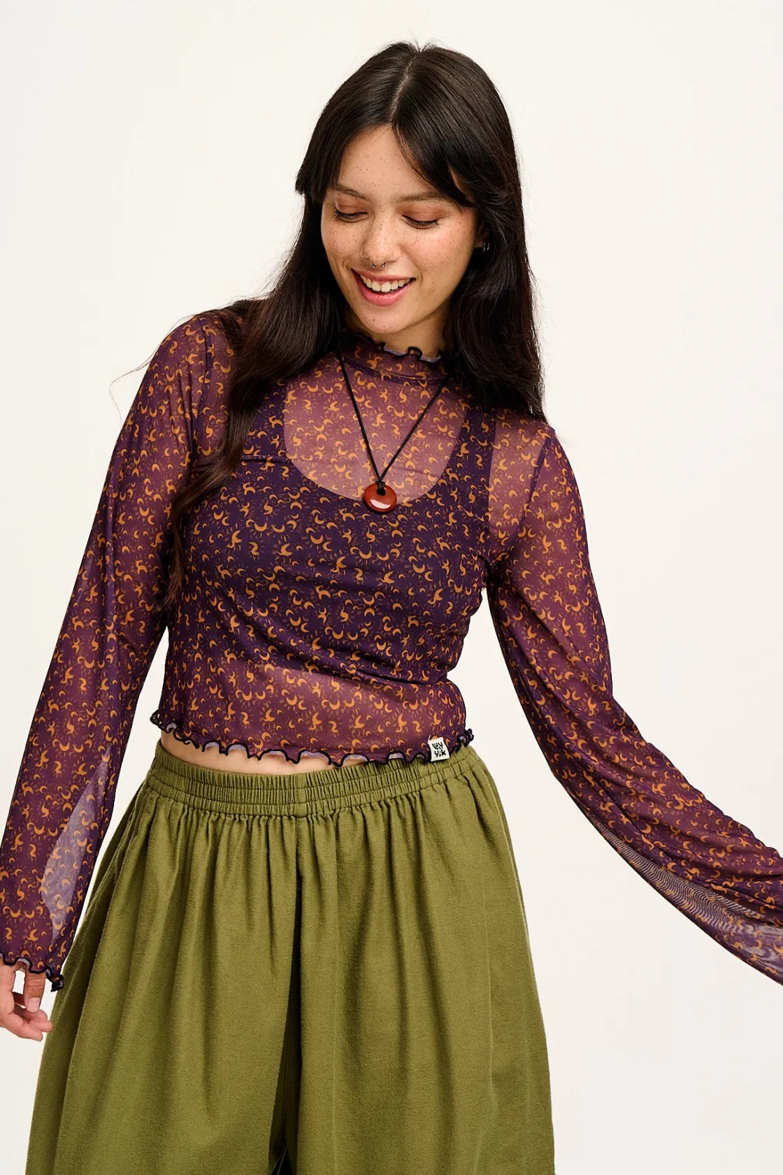 Lucy & Yak Perrie - Long Sleeve Mesh Top in Purple with Belinay Print Sale