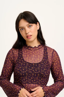 Lucy & Yak Perrie - Long Sleeve Mesh Top in Purple with Belinay Print Sale