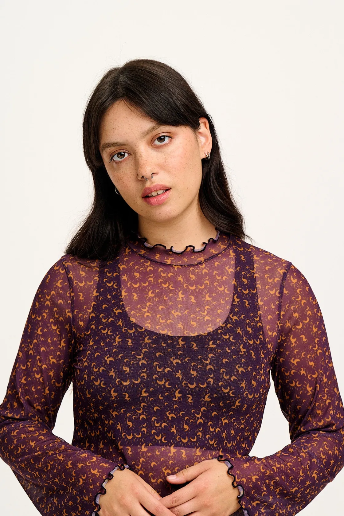 Lucy & Yak Perrie - Long Sleeve Mesh Top in Purple with Belinay Print Sale