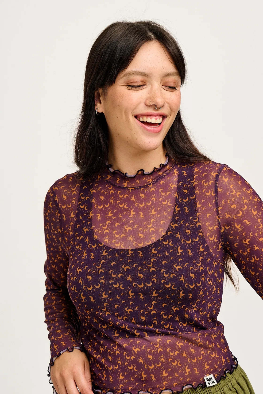 Lucy & Yak Perrie - Long Sleeve Mesh Top in Purple with Belinay Print Sale