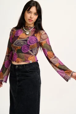 Lucy & Yak Perrie - Long Sleeve Mesh Top in Redwood Print Fashion