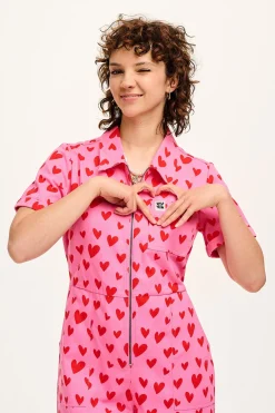 Lucy & Yak Ragan - Cotton Jumpsuit in Pink Heart Cupid Print Fashion