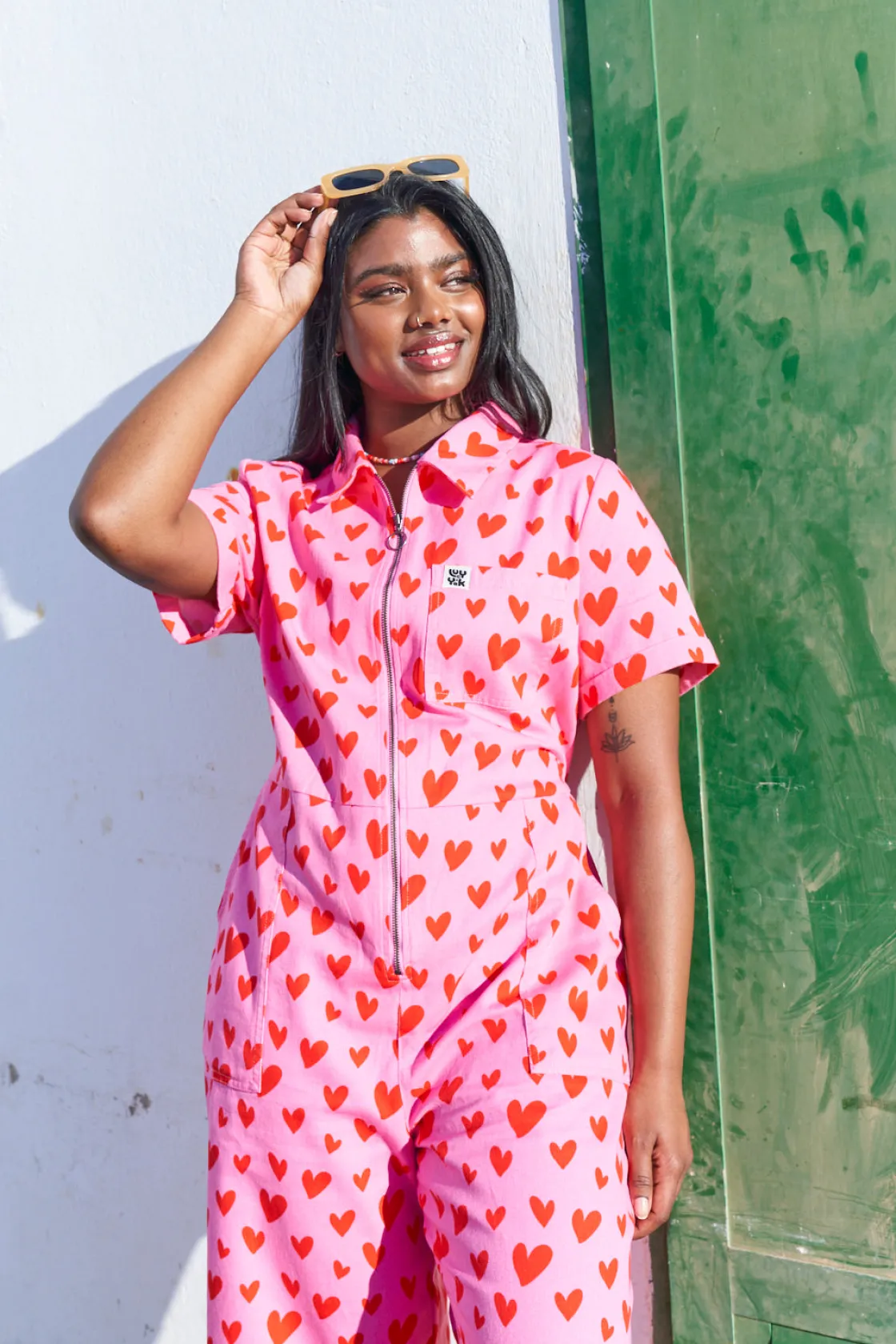 Lucy & Yak Ragan - Cotton Jumpsuit in Pink Heart Cupid Print Fashion