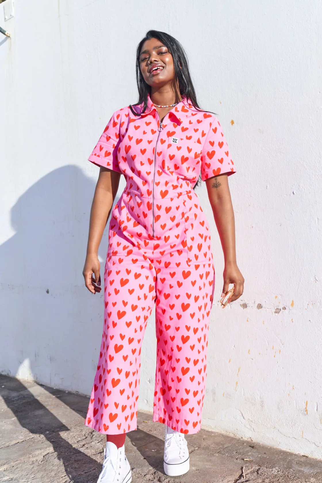 Lucy & Yak Ragan - Cotton Jumpsuit in Pink Heart Cupid Print Fashion
