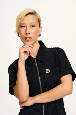 Lucy & Yak Rex - Short Sleeve Corduroy Jumpsuit in Black Clearance