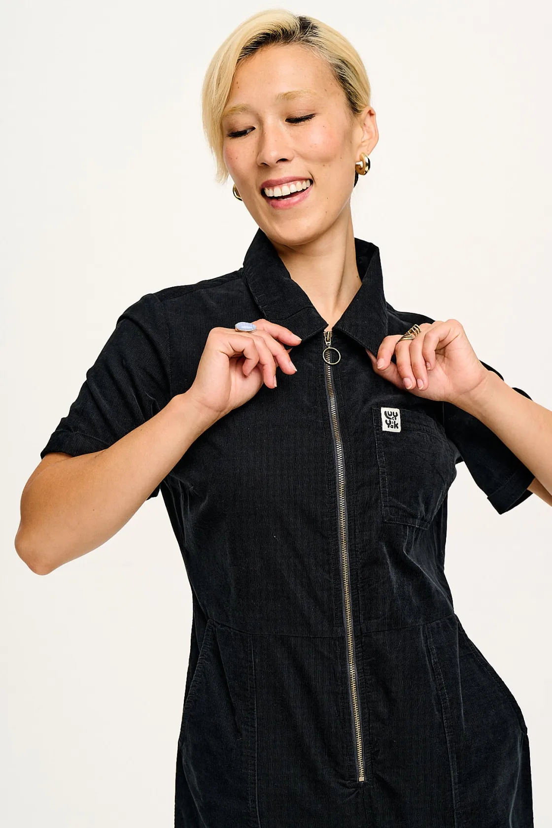 Lucy & Yak Rex - Short Sleeve Corduroy Jumpsuit in Black Clearance