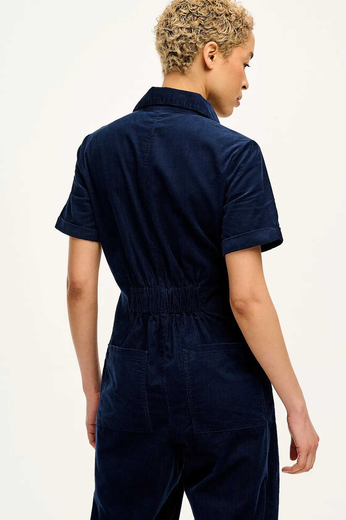 Lucy & Yak Rex - Short Sleeve Corduroy Jumpsuit in Navy Blue Outlet