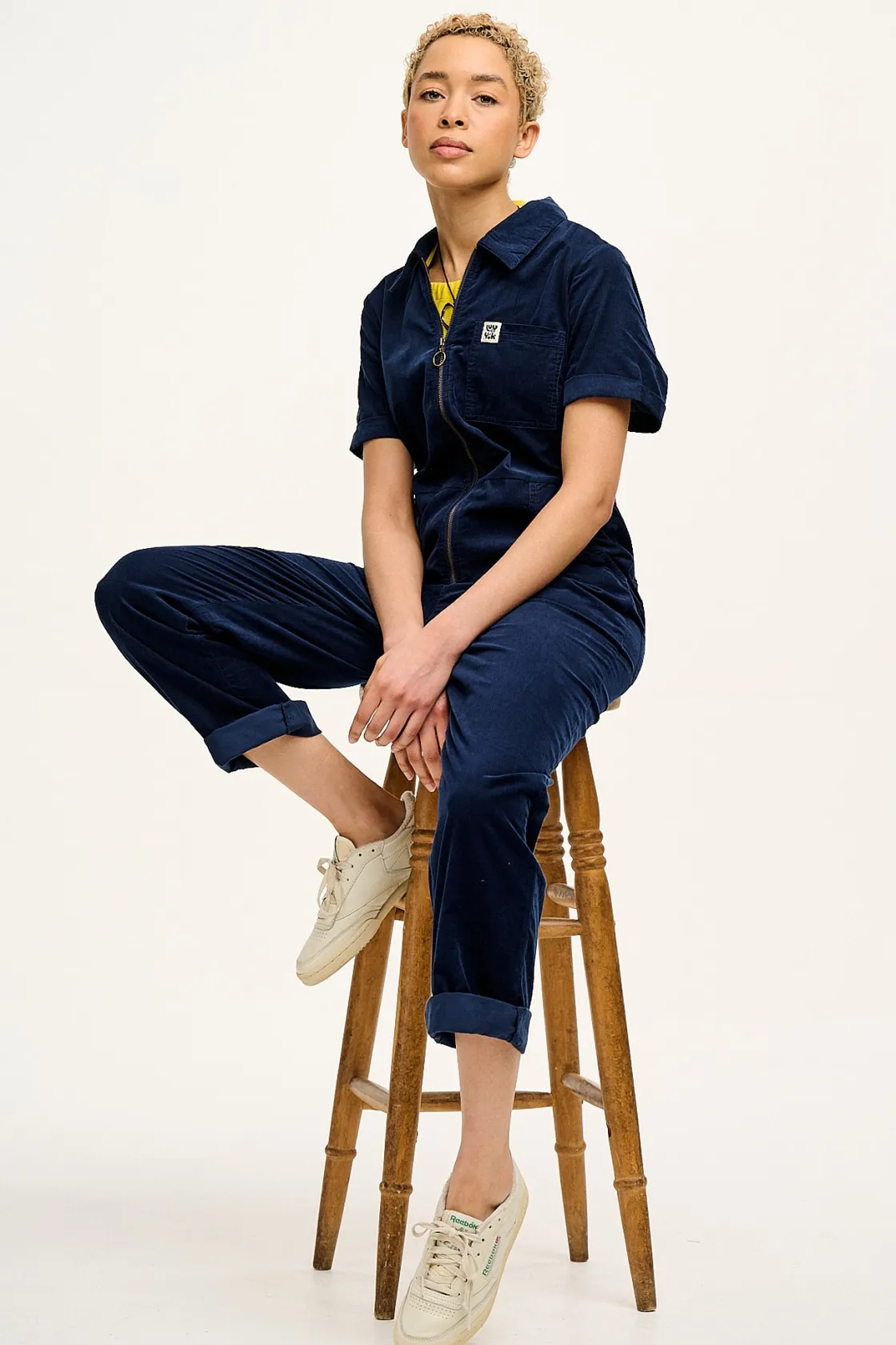 Lucy & Yak Rex - Short Sleeve Corduroy Jumpsuit in Navy Blue Outlet